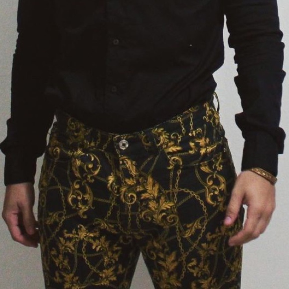 ZARA Man Baroque Print Skinny Crop Jeans in Black and Gold